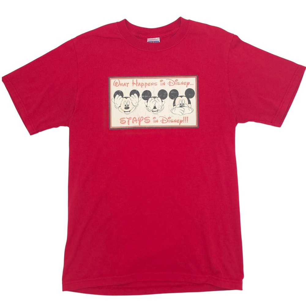 Vintage Jerzees Disney Mickey Mouse "What Happens in Disney" Red T-Shirt Small